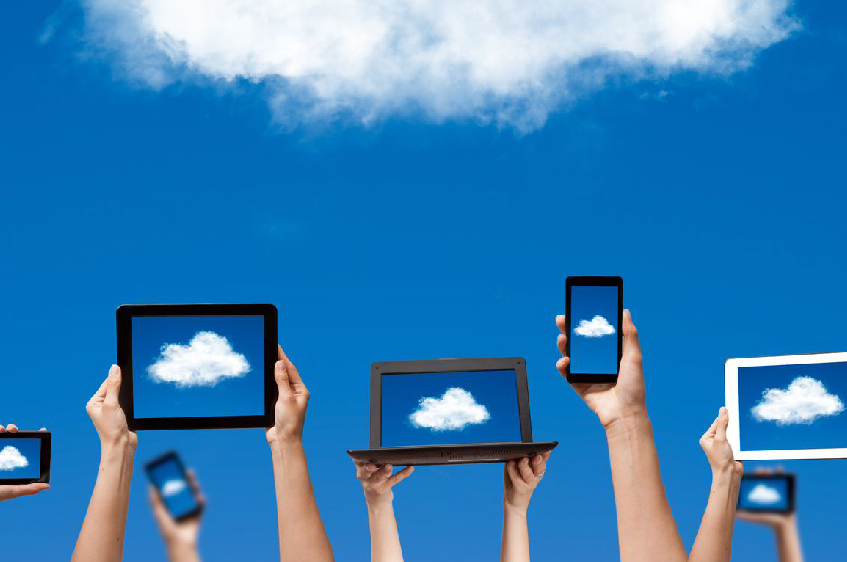 Different devices being held in the air. Each device screen displays the same image of a single cloud.