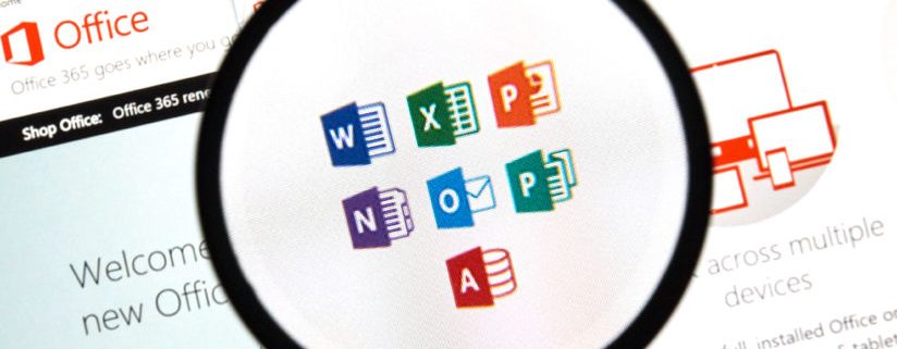 A magnifying glass hovering over some Microsoft 365 office icons.